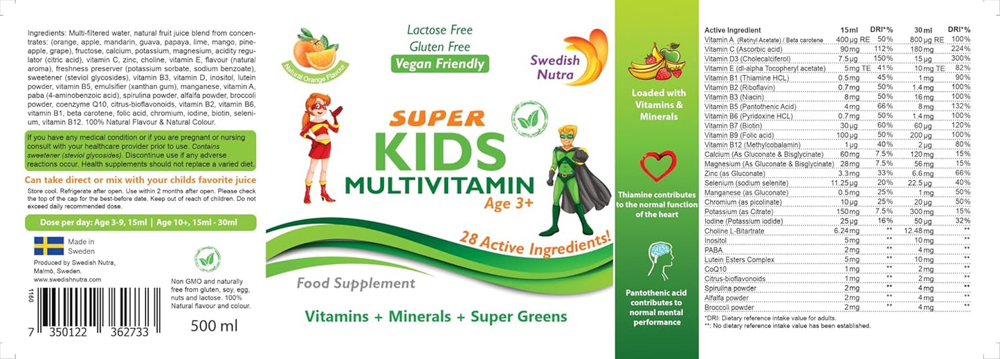 Swedish Nutra - Super Kids Multivitamin Liquid Food Supplement - 500 ml, 33 Day Supply | Vitamins, Minerals & Super Greens to Boost Growth, Energy & Immunity | Natural Orange Flavour | Age 3+
