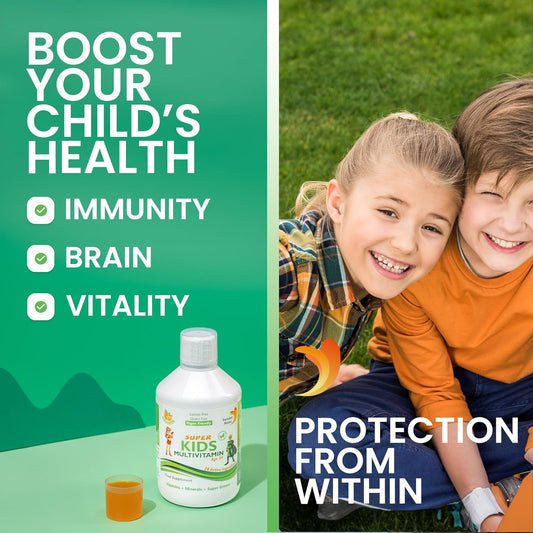 Swedish Nutra - Super Kids Multivitamin Liquid Food Supplement - 500 ml, 33 Day Supply | Vitamins, Minerals & Super Greens to Boost Growth, Energy & Immunity | Natural Orange Flavour | Age 3+