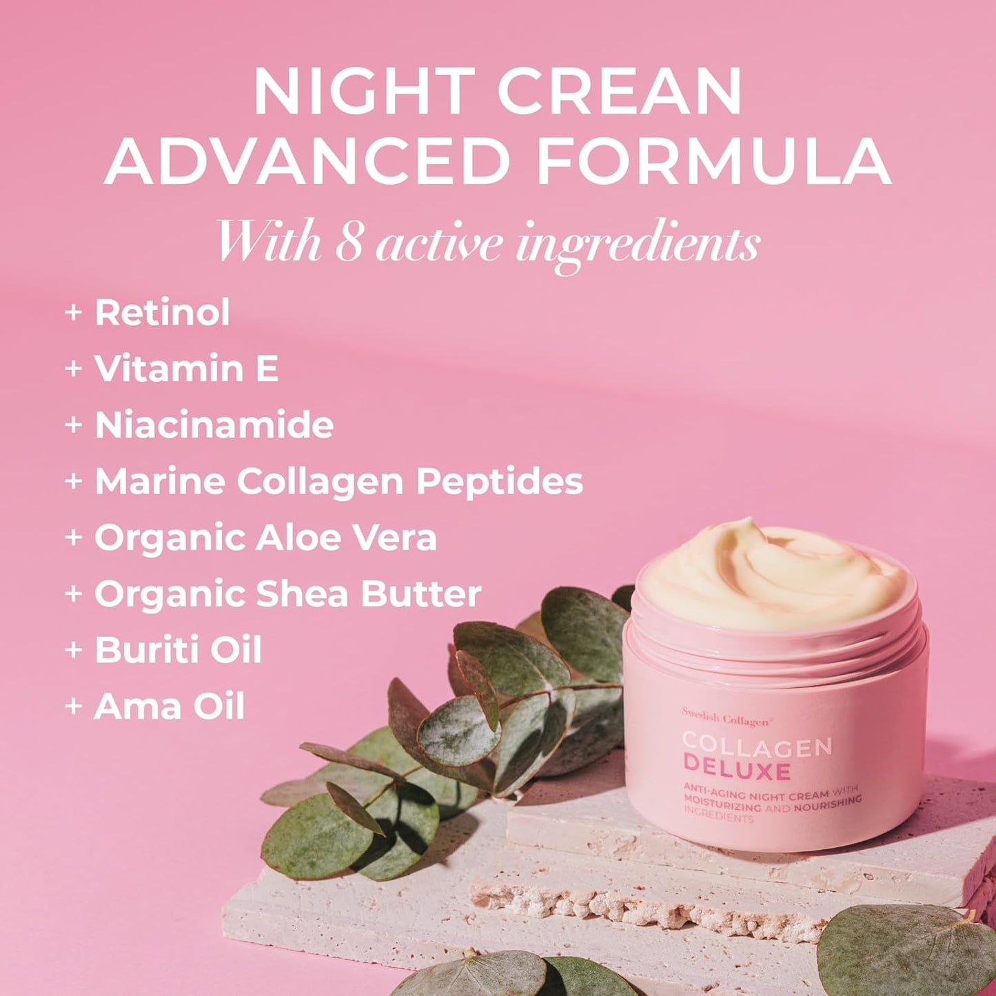 Swedish Collagen Deluxe, 50 ml | Anti-Aging Night Cream with Retinol, Collagen Peptides, Vitamin E and Niacinamide | Skin Treatment and Face Moisturiser for Hydration and Skin Health