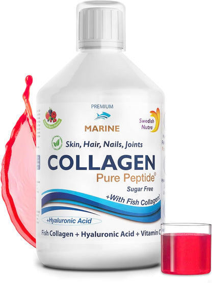 Swedish Nutra - Hydrolyzed Marine Collagen Liquid Supplement - Pack of 500 ml, 20 Day Supply | Pure Peptide and Vitamins for Healthy Hair, Skin, Nails and Joints I 100% Natural Berry Flavour