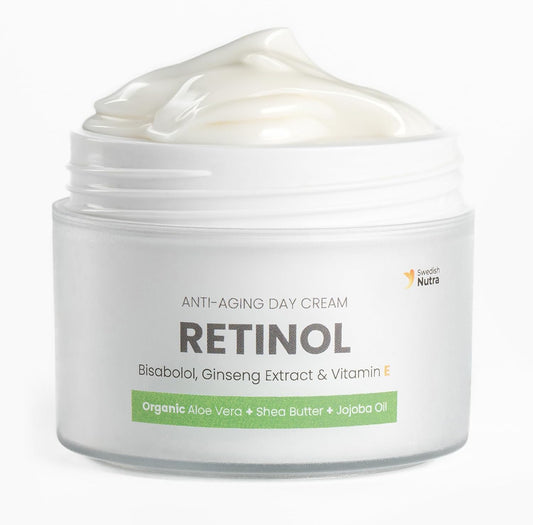 Swedish Nutra Anti-Ageing Retinol Day Cream 50ml | Infused with Vegan Collagen, Bisabolol, Ginseng Extract, Vitamin E, Organic Aloe Vera, Shea Butter & Jojoba Oil | Face Moisturiser for Skin Hydration