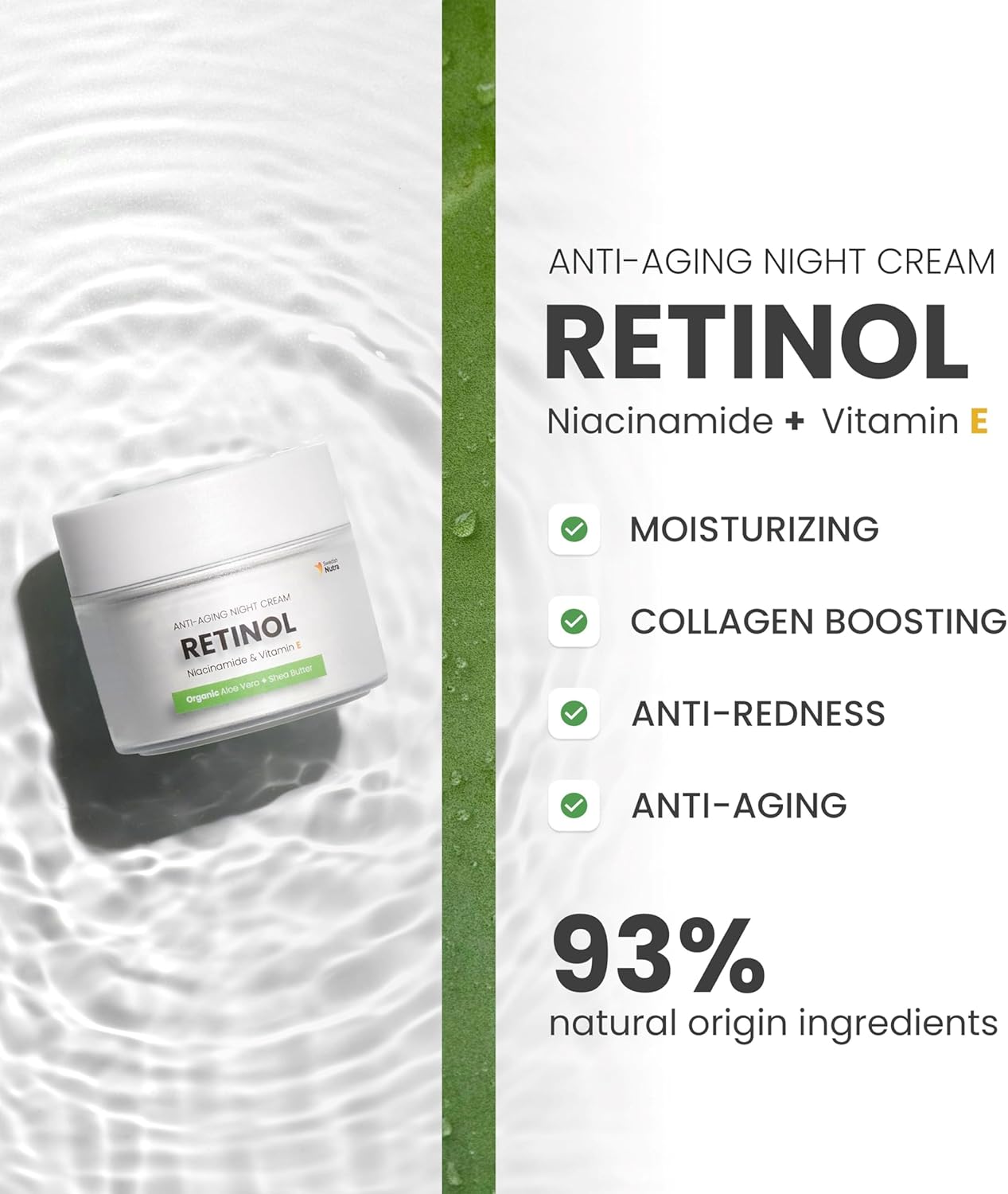 Swedish Nutra Anti-Ageing Retinol Night Cream, 50 ml | Infused with Vegan Collagen, Vitamin E, Niacinamide, Organic Aloe Vera & Shea Butter | Soothing Face Moisturiser for Skin Health & Hydration