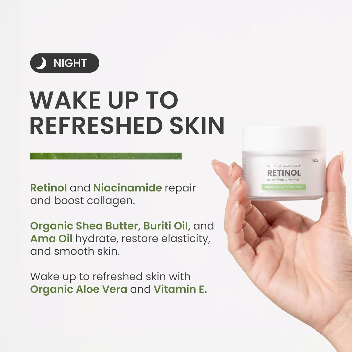 Swedish Nutra Anti-Ageing Retinol Night Cream, 50 ml | Infused with Vegan Collagen, Vitamin E, Niacinamide, Organic Aloe Vera & Shea Butter | Soothing Face Moisturiser for Skin Health & Hydration