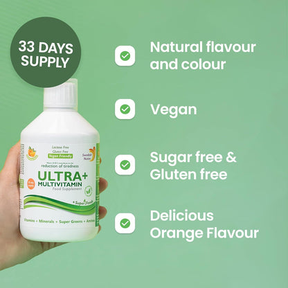 Swedish Nutra - Ultra+ Multivitamin Liquid Food Supplement - Pack of 500 ml, 33 Day Supply | Packed with Vitamins, Minerals, Super Greens & Aminos to Boost Energy & Immunity I Natural Orange Flavour
