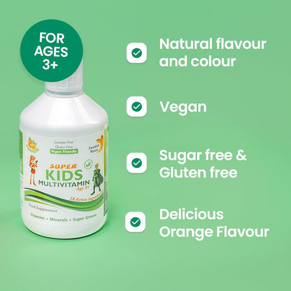 Swedish Nutra - Super Kids Multivitamin Liquid Food Supplement - 500 ml, 33 Day Supply | Vitamins, Minerals & Super Greens to Boost Growth, Energy & Immunity | Natural Orange Flavour | Age 3+