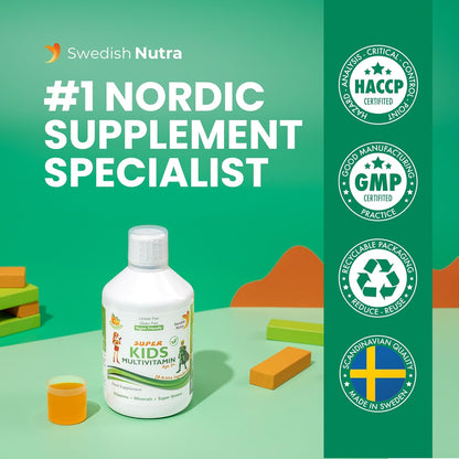 Swedish Nutra - Super Kids Multivitamin Liquid Food Supplement - 500 ml, 33 Day Supply | Vitamins, Minerals & Super Greens to Boost Growth, Energy & Immunity | Natural Orange Flavour | Age 3+