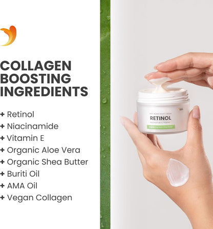 Swedish Nutra Anti-Ageing Retinol Night Cream, 50 ml | Infused with Vegan Collagen, Vitamin E, Niacinamide, Organic Aloe Vera & Shea Butter | Soothing Face Moisturiser for Skin Health & Hydration