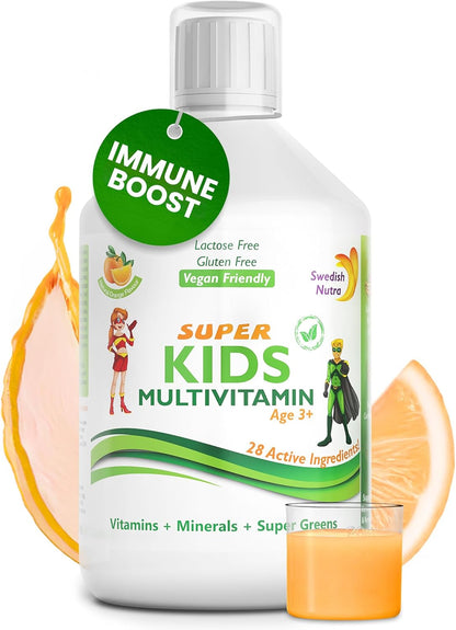 Swedish Nutra - Super Kids Multivitamin Liquid Food Supplement - 500 ml, 33 Day Supply | Vitamins, Minerals & Super Greens to Boost Growth, Energy & Immunity | Natural Orange Flavour | Age 3+