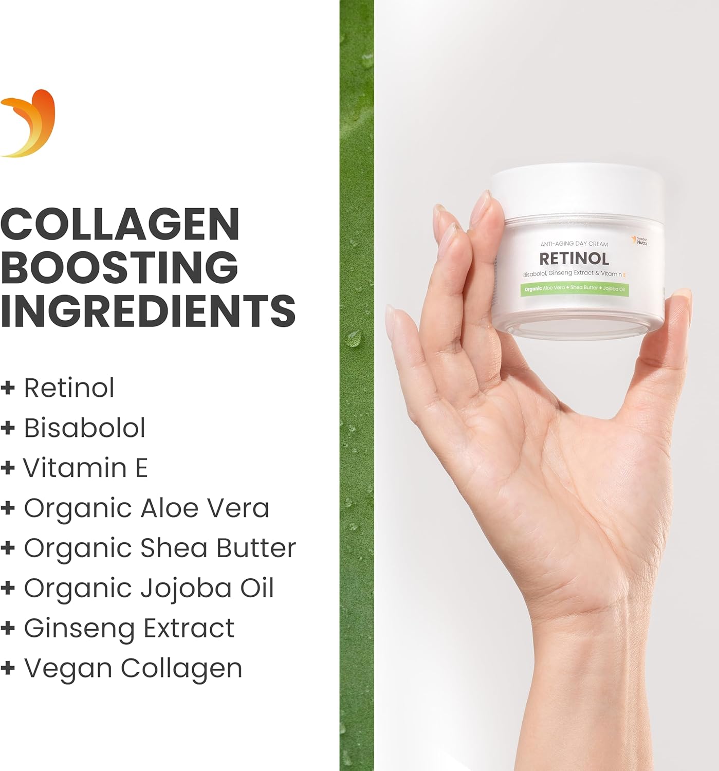 Swedish Nutra Anti-Ageing Retinol Day Cream 50ml | Infused with Vegan Collagen, Bisabolol, Ginseng Extract, Vitamin E, Organic Aloe Vera, Shea Butter & Jojoba Oil | Face Moisturiser for Skin Hydration