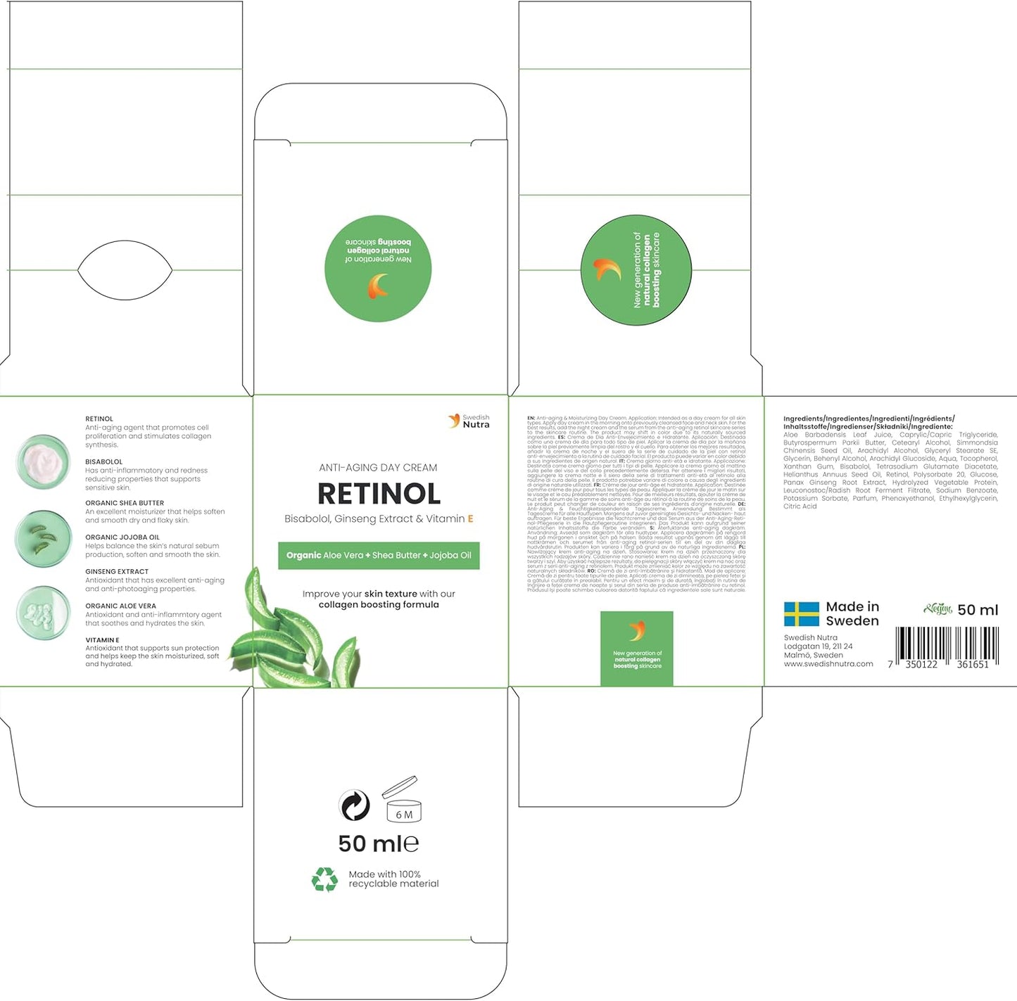 Swedish Nutra Anti-Ageing Retinol Day Cream 50ml | Infused with Vegan Collagen, Bisabolol, Ginseng Extract, Vitamin E, Organic Aloe Vera, Shea Butter & Jojoba Oil | Face Moisturiser for Skin Hydration