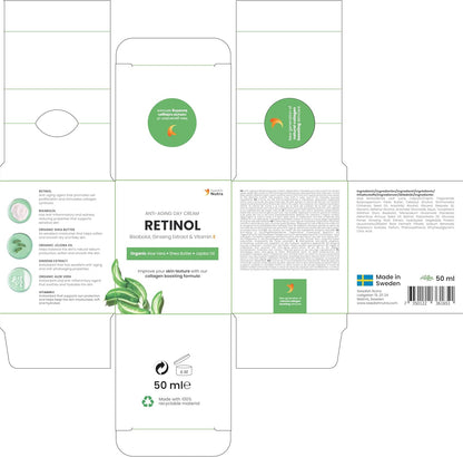 Swedish Nutra Anti-Ageing Retinol Day Cream 50ml | Infused with Vegan Collagen, Bisabolol, Ginseng Extract, Vitamin E, Organic Aloe Vera, Shea Butter & Jojoba Oil | Face Moisturiser for Skin Hydration