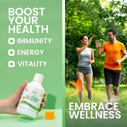 Swedish Nutra - Ultra+ Multivitamin Liquid Food Supplement - Pack of 500 ml, 33 Day Supply | Packed with Vitamins, Minerals, Super Greens & Aminos to Boost Energy & Immunity I Natural Orange Flavour