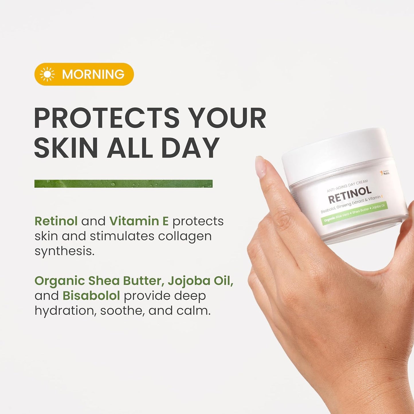 Swedish Nutra Anti-Ageing Retinol Day Cream 50ml | Infused with Vegan Collagen, Bisabolol, Ginseng Extract, Vitamin E, Organic Aloe Vera, Shea Butter & Jojoba Oil | Face Moisturiser for Skin Hydration