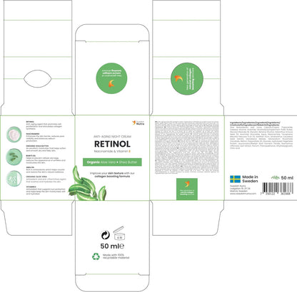 Swedish Nutra Anti-Ageing Retinol Night Cream, 50 ml | Infused with Vegan Collagen, Vitamin E, Niacinamide, Organic Aloe Vera & Shea Butter | Soothing Face Moisturiser for Skin Health & Hydration